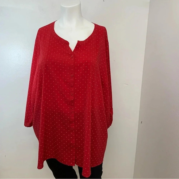 Catherines Blouse Woman 5XL Red Polka Dot Button Up  Roll Tab Work Travel Office - Picture 1 of 12